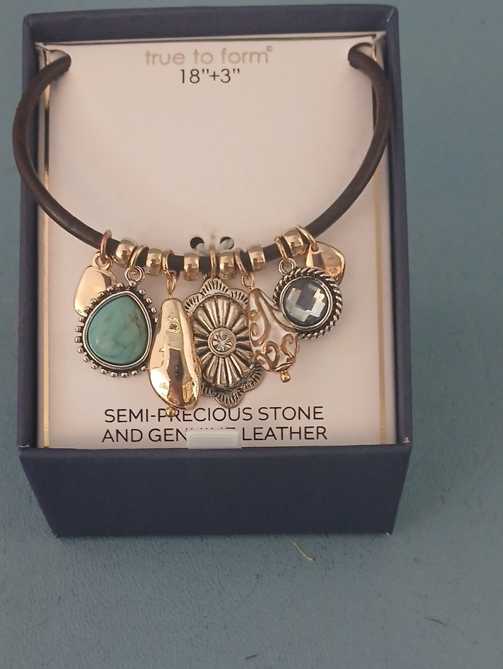 True to Form Gold Charm Genuine Leather Necklace w/ Semi-Precious Stones 18"+3"